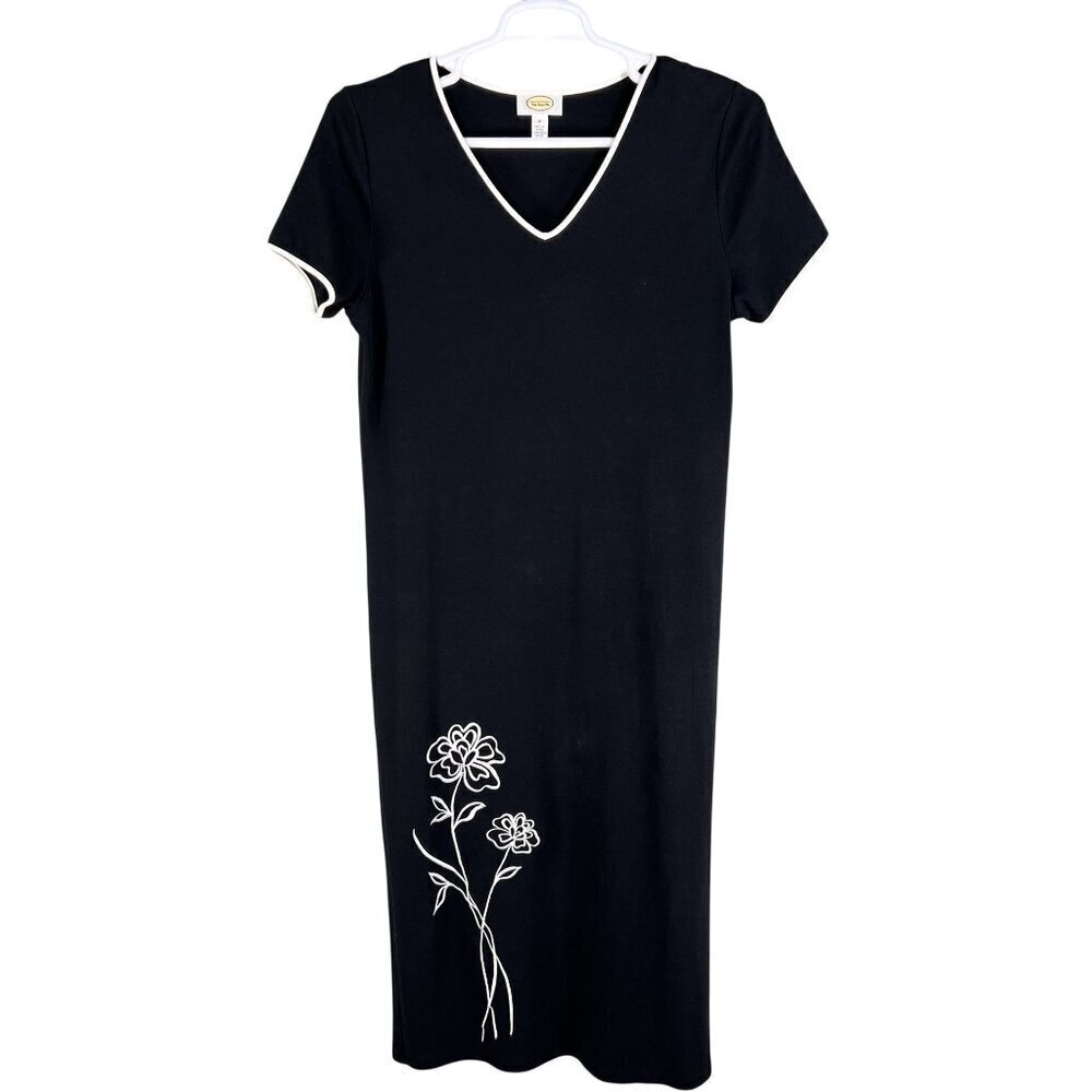 Talbots Womens M Black Maxi Dress Floral Embroidery Short Sleeve V-Neck Hippie - Picture 8 of 13